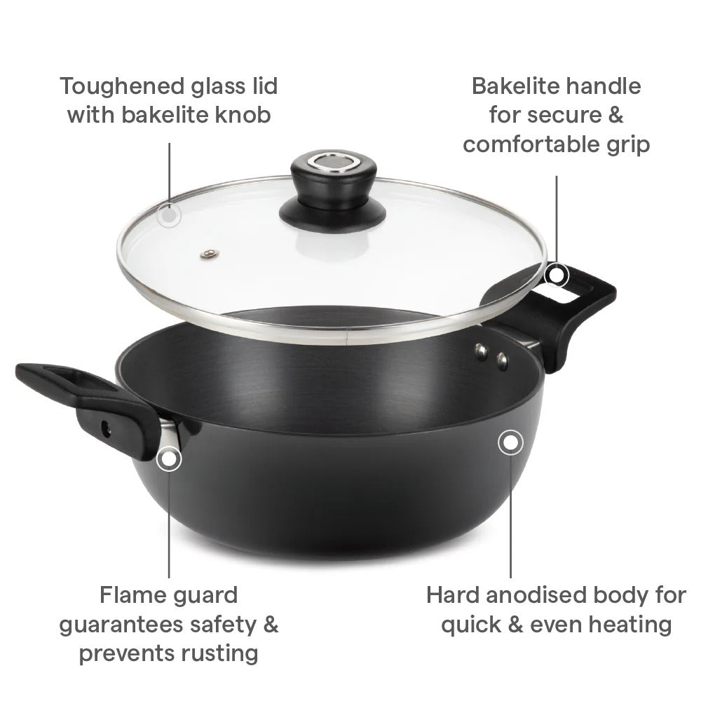 Borosil Hard Anodized 22cm 2L Deep Kadhai with Glass Lid