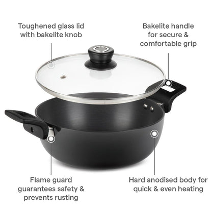 Borosil Hard Anodized 22cm 2L Deep Kadhai with Glass Lid