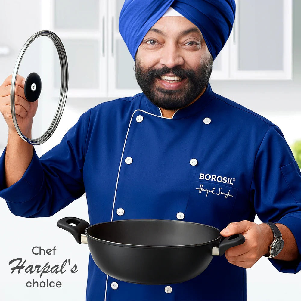 Borosil Hard Anodized 22cm 2L Deep Kadhai with Glass Lid