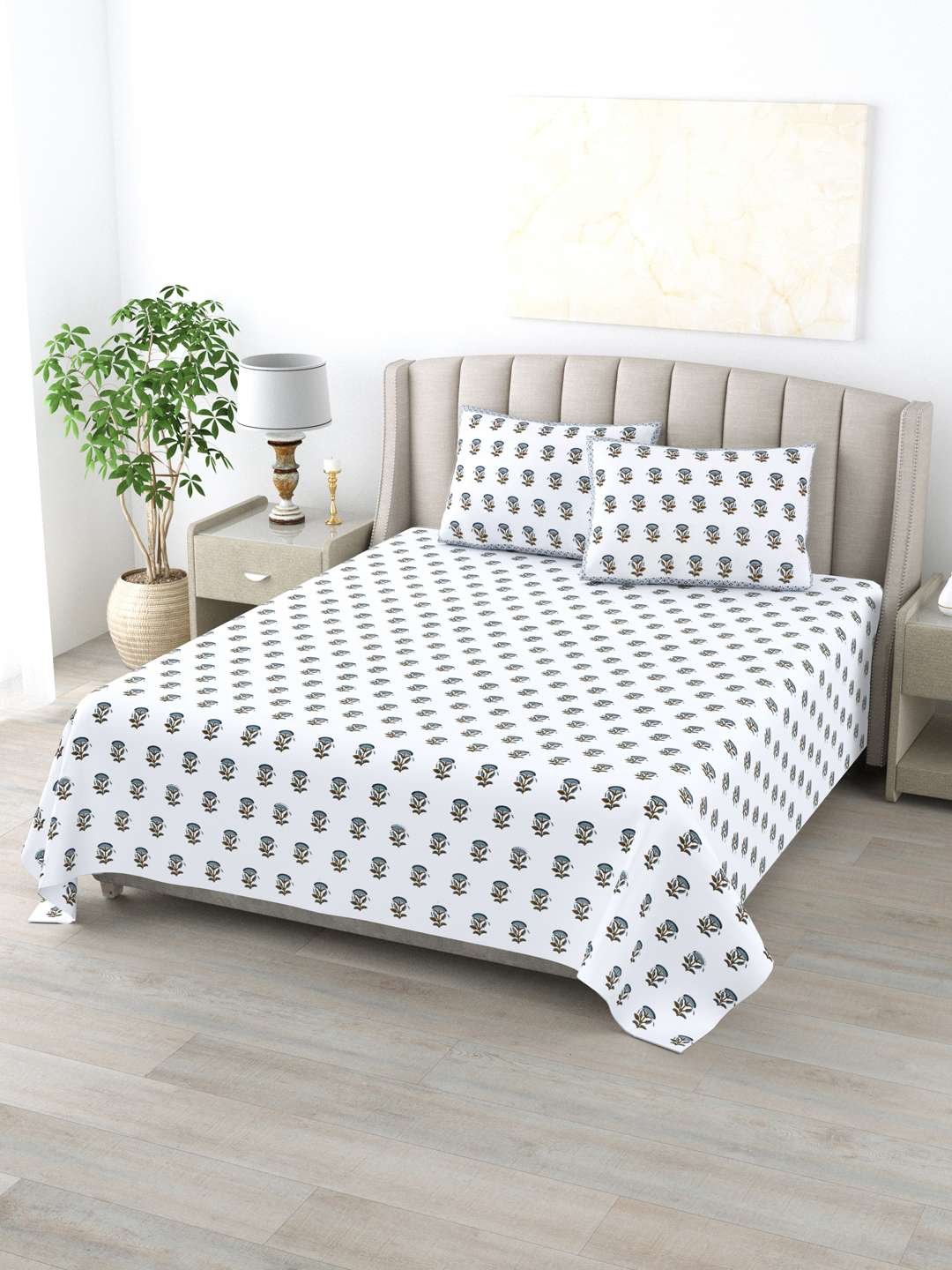 100% Pure Cotton Traditional Printed Bedsheet for Double Bed King Size Bedsheet with 2 Pillow Covers