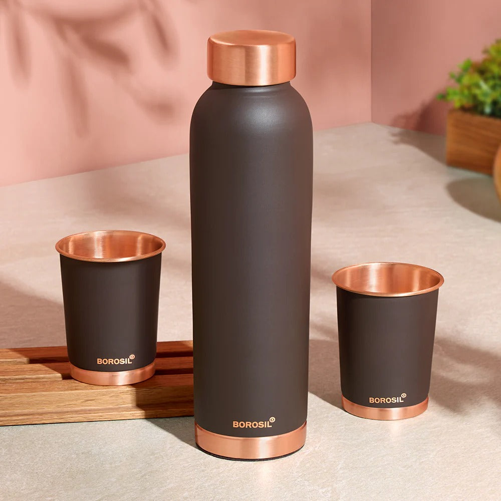 Borosil Eco Colour Copper Bottle and Glass Set