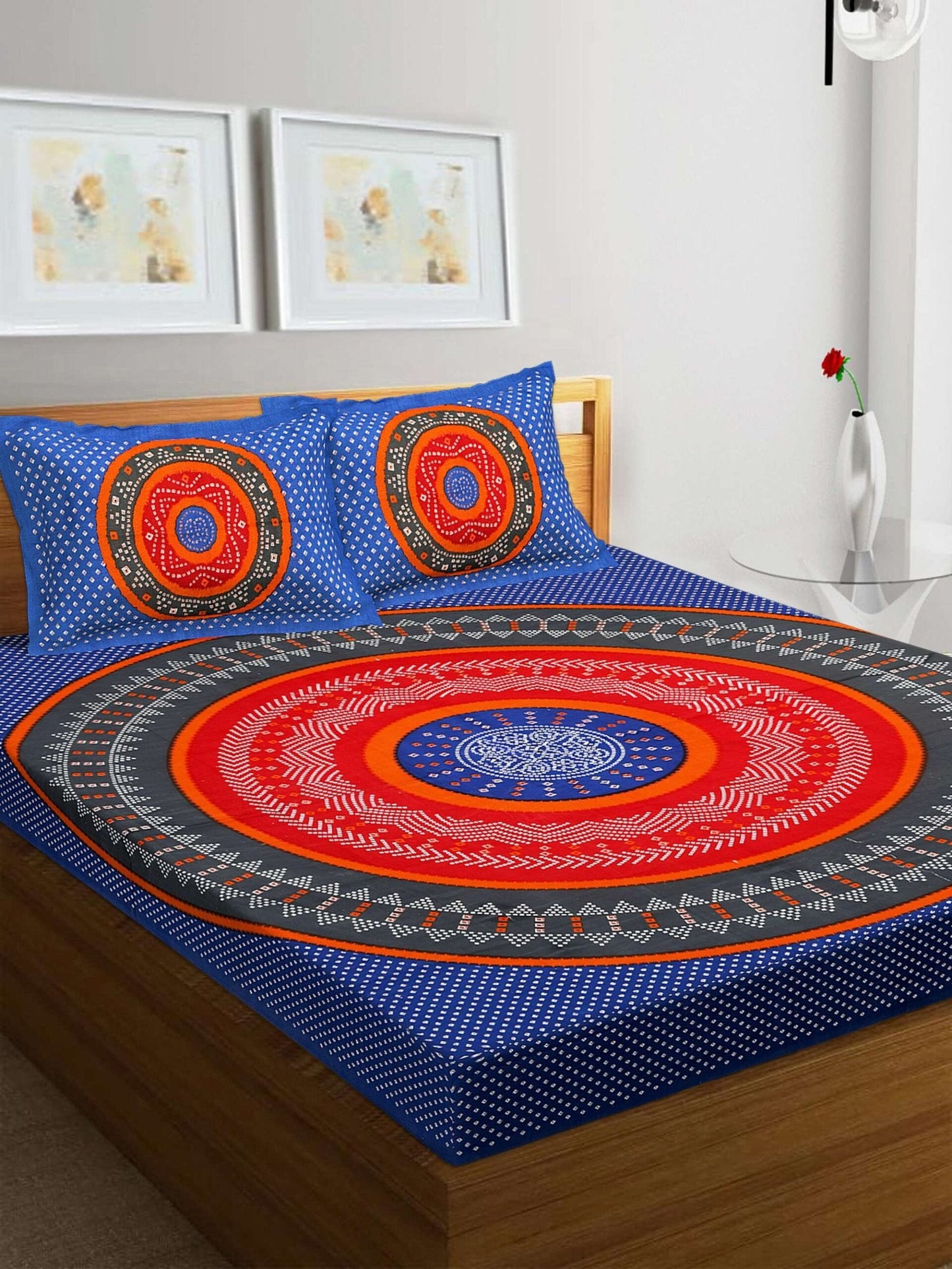 100% Pure Cotton Traditional Printed Bedsheet for Double Bed King Size Bedsheet with 2 Pillow Covers