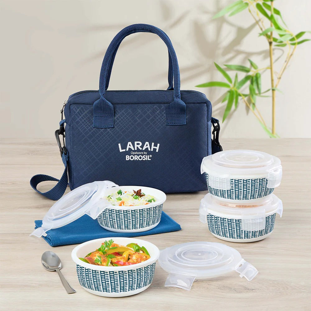 Borosil Larah Lunchbox Set of 4 Blue Bag