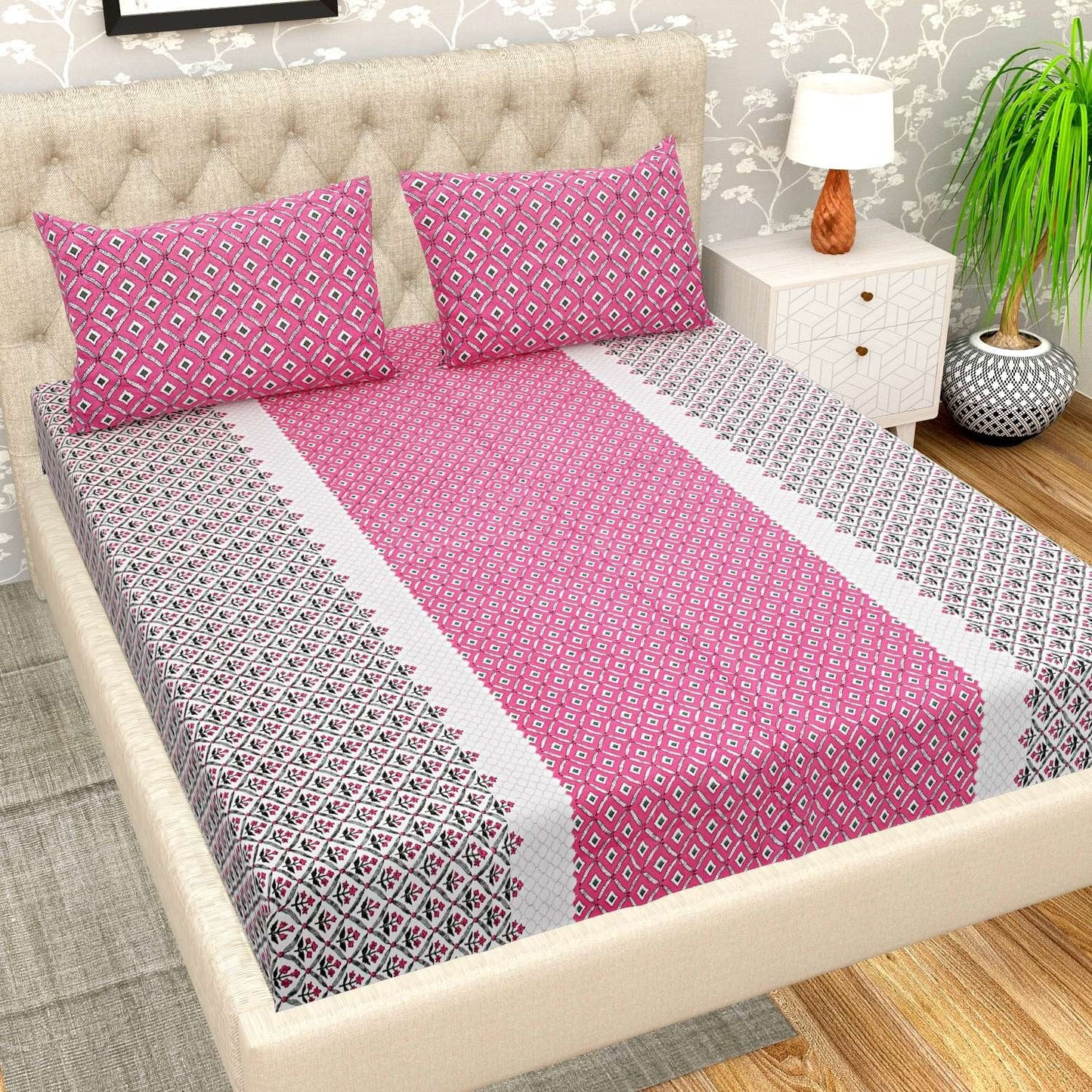 100% Pure Cotton Traditional Printed Bedsheet for Double Bed King Size Bedsheet with 2 Pillow Covers
