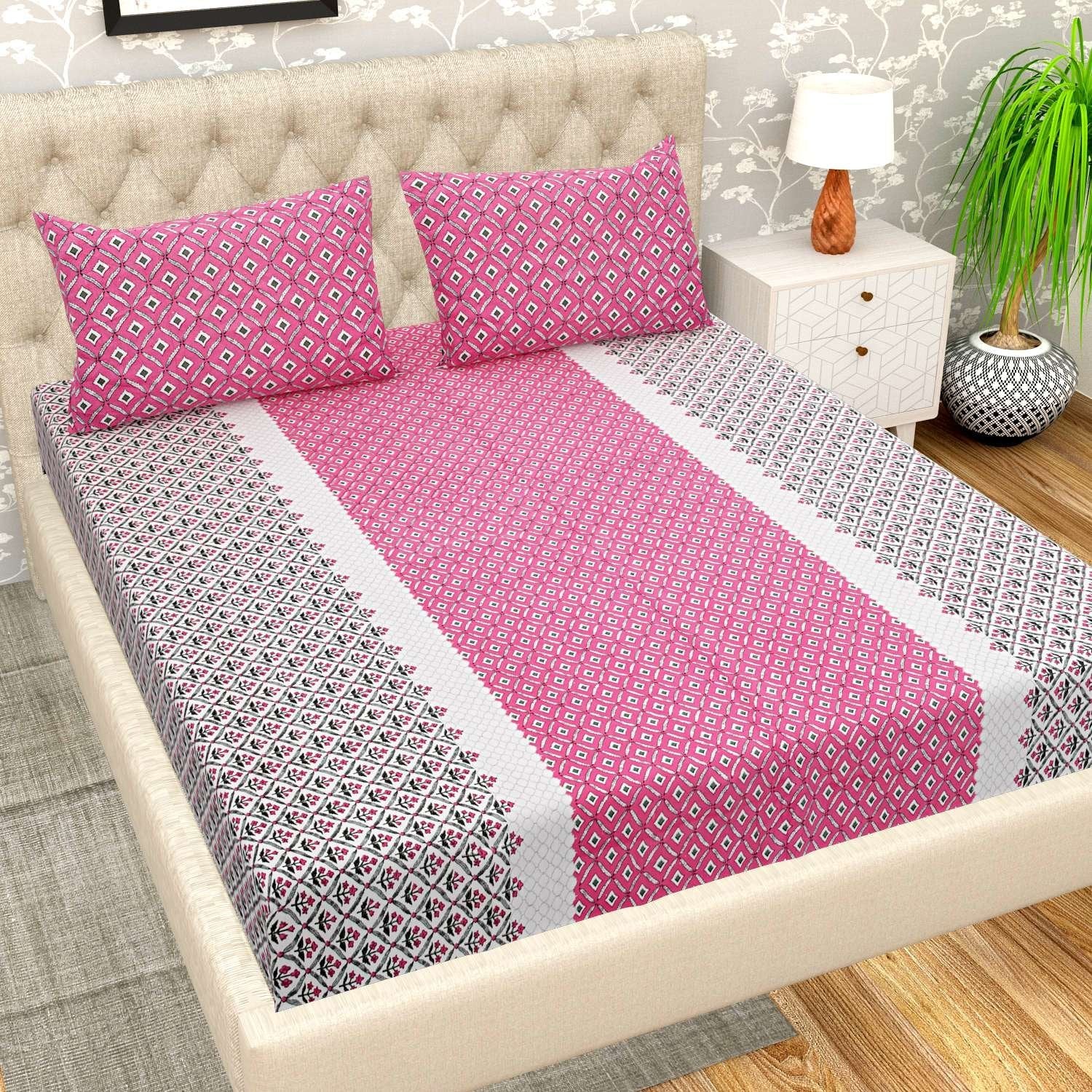 100% Pure Cotton Traditional Printed Bedsheet for Double Bed King Size Bedsheet with 2 Pillow Covers