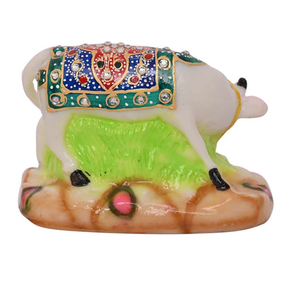 White Marble Kamdhenu Cow and Calf Statue (8.5 cm x 12 cm)