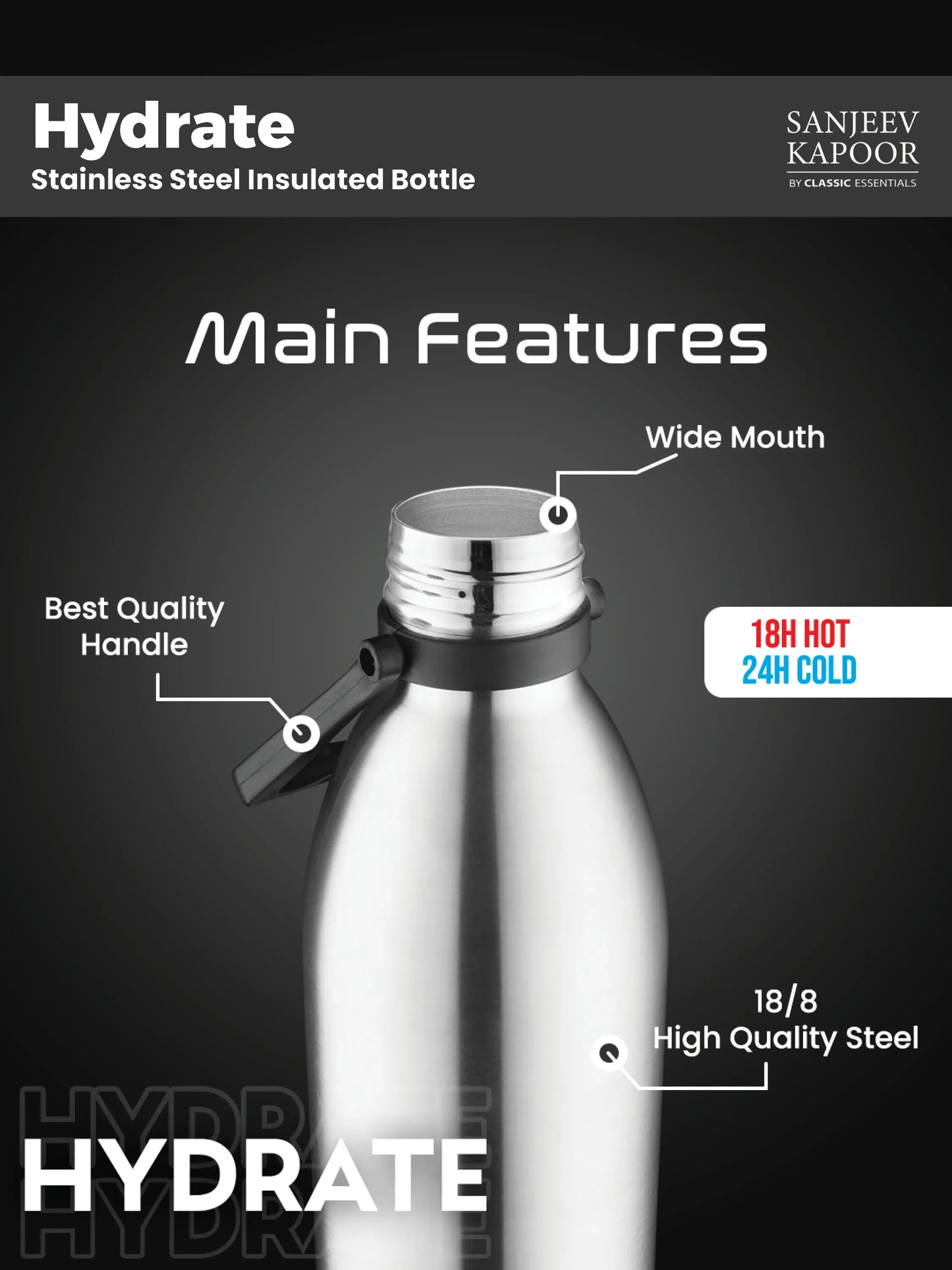 Sanjeev Kapoor by Classic Essentials Hydrate Stainless Steel Insulated Bottle 1800ml