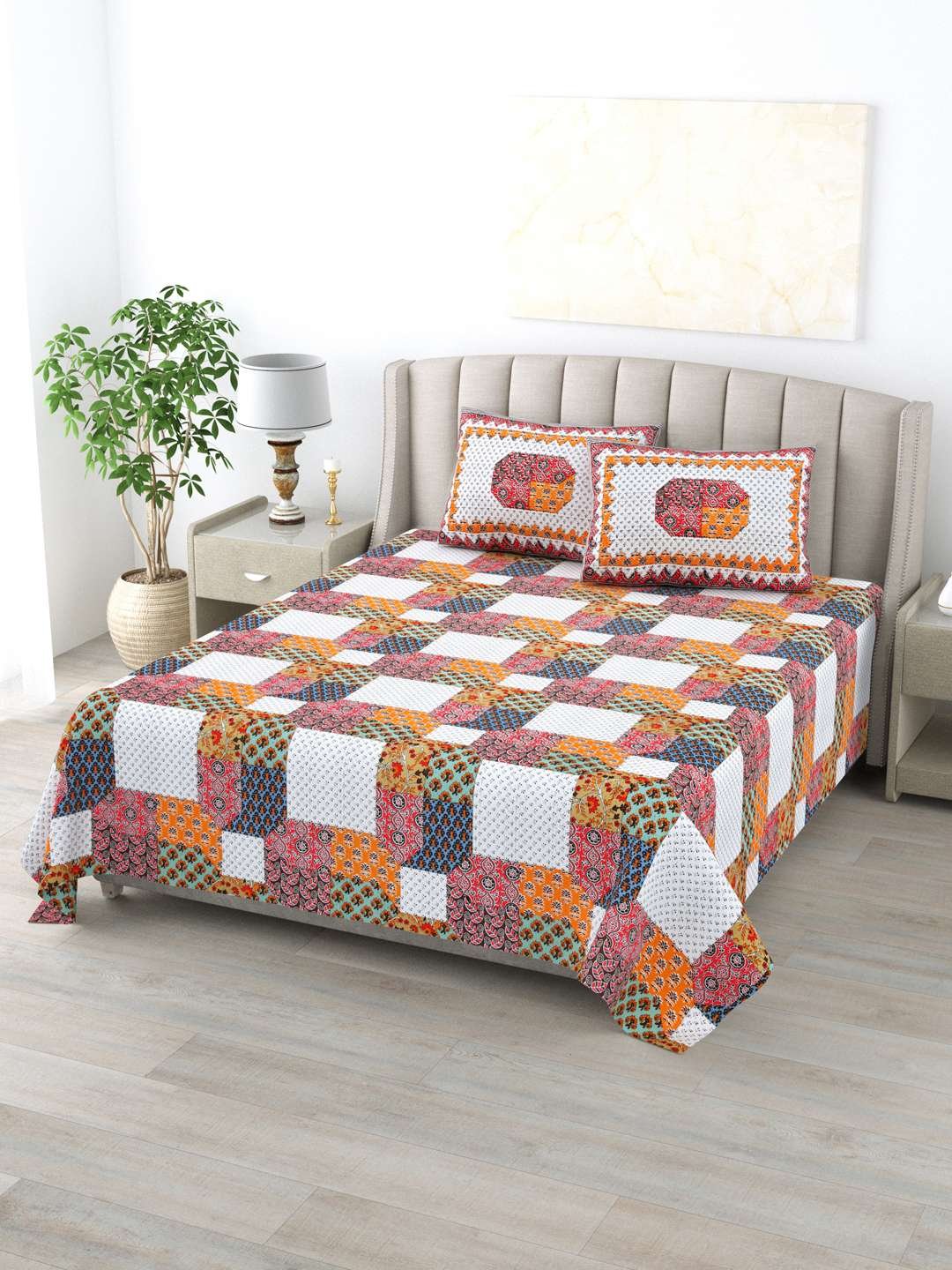 100% Pure Cotton Traditional Printed Bedsheet for Double Bed King Size Bedsheet with 2 Pillow Covers