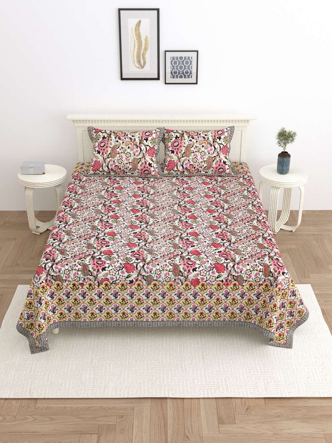 100% Pure Cotton Traditional Printed Bedsheet for Double Bed King Size Bedsheet with 2 Pillow Covers