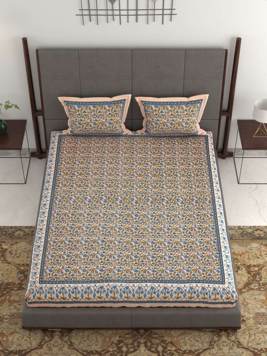 100% Pure Cotton Traditional Printed Bedsheet for Double Bed King Size Bedsheet with 2 Pillow Covers