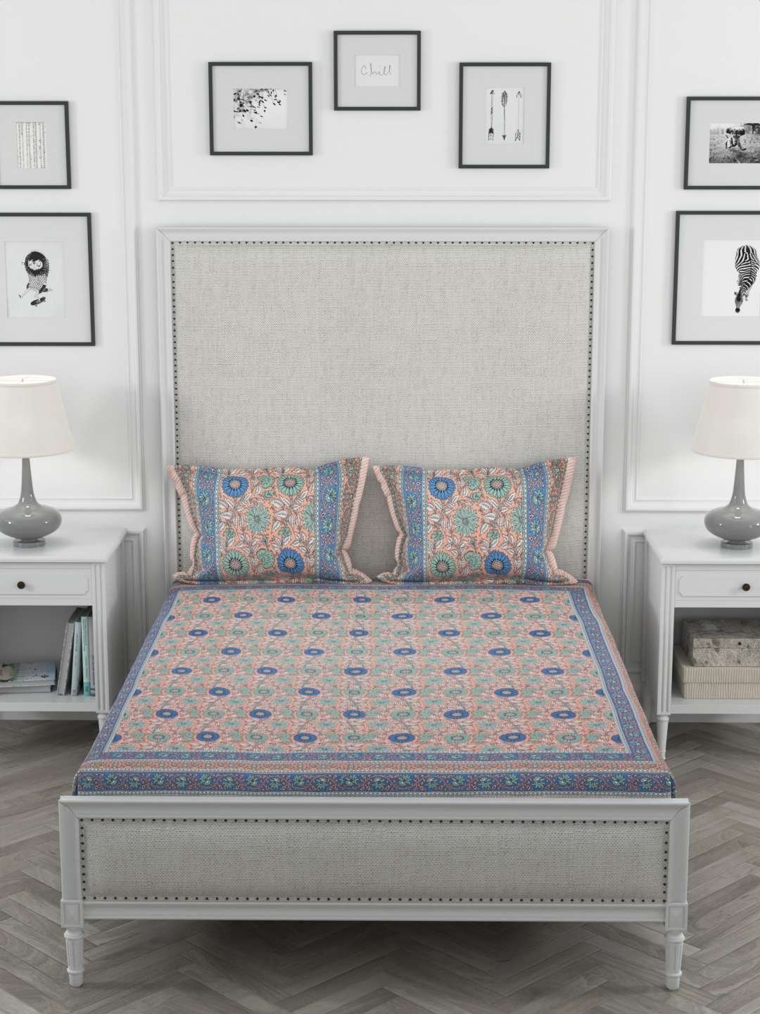 100% Pure Cotton Traditional Printed Bedsheet for Double Bed King Size Bedsheet with 2 Pillow Covers