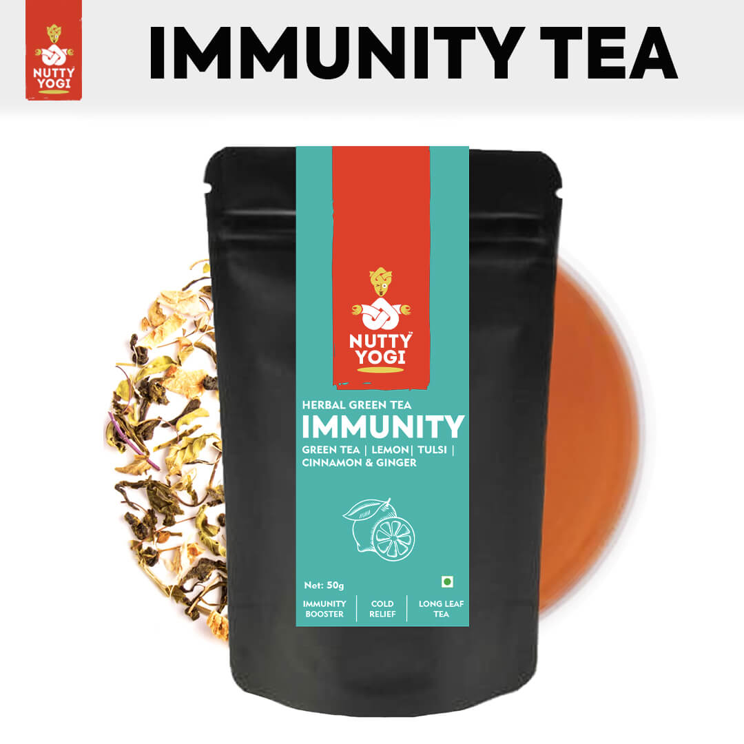 Nutty Yogi Immunity Tea | Herbal Green Tea with Tulsi, Lemon, Cinnamon & Ginger I Ayurvedic Blend I 50g