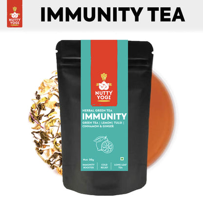 Nutty Yogi Immunity Tea | Herbal Green Tea with Tulsi, Lemon, Cinnamon & Ginger I Ayurvedic Blend I 50g