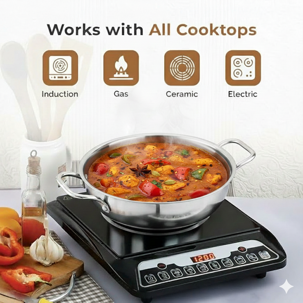 Esspy Triply Stainless Steel Kadai for Cooking, Non Stick Kadai, Triply Kadhai, Metal Spatula Friendly, Induction & Gas Stove Compatible