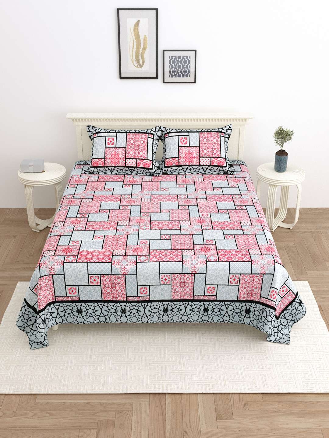 100% Pure Cotton Traditional Printed Bedsheet for Double Bed King Size Bedsheet with 2 Pillow Covers