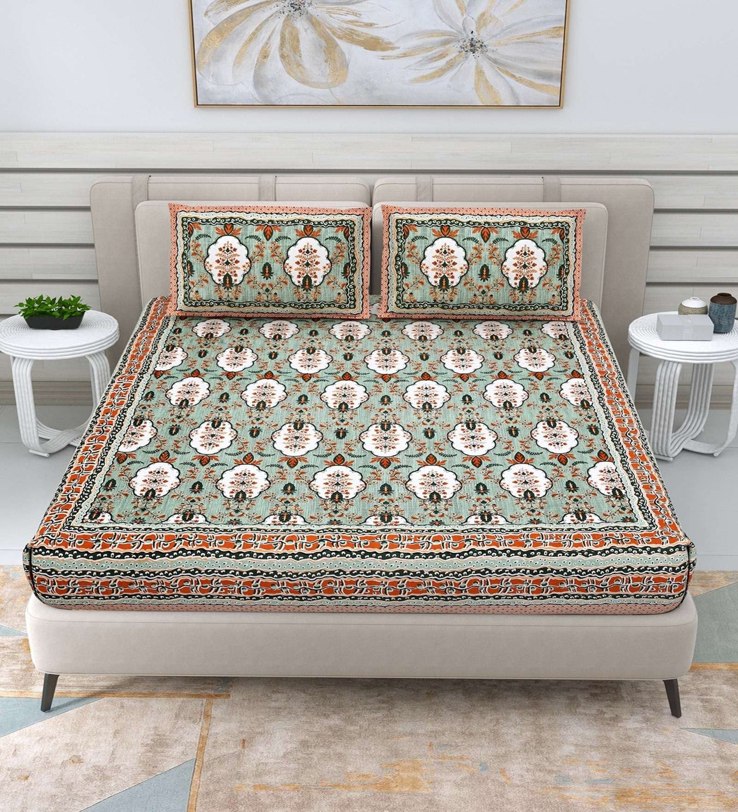 100% Pure Cotton Traditional Printed Bedsheet for Double Bed King Size Bedsheet with 2 Pillow Covers
