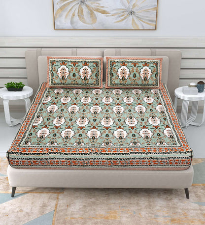 100% Pure Cotton Traditional Printed Bedsheet for Double Bed King Size Bedsheet with 2 Pillow Covers