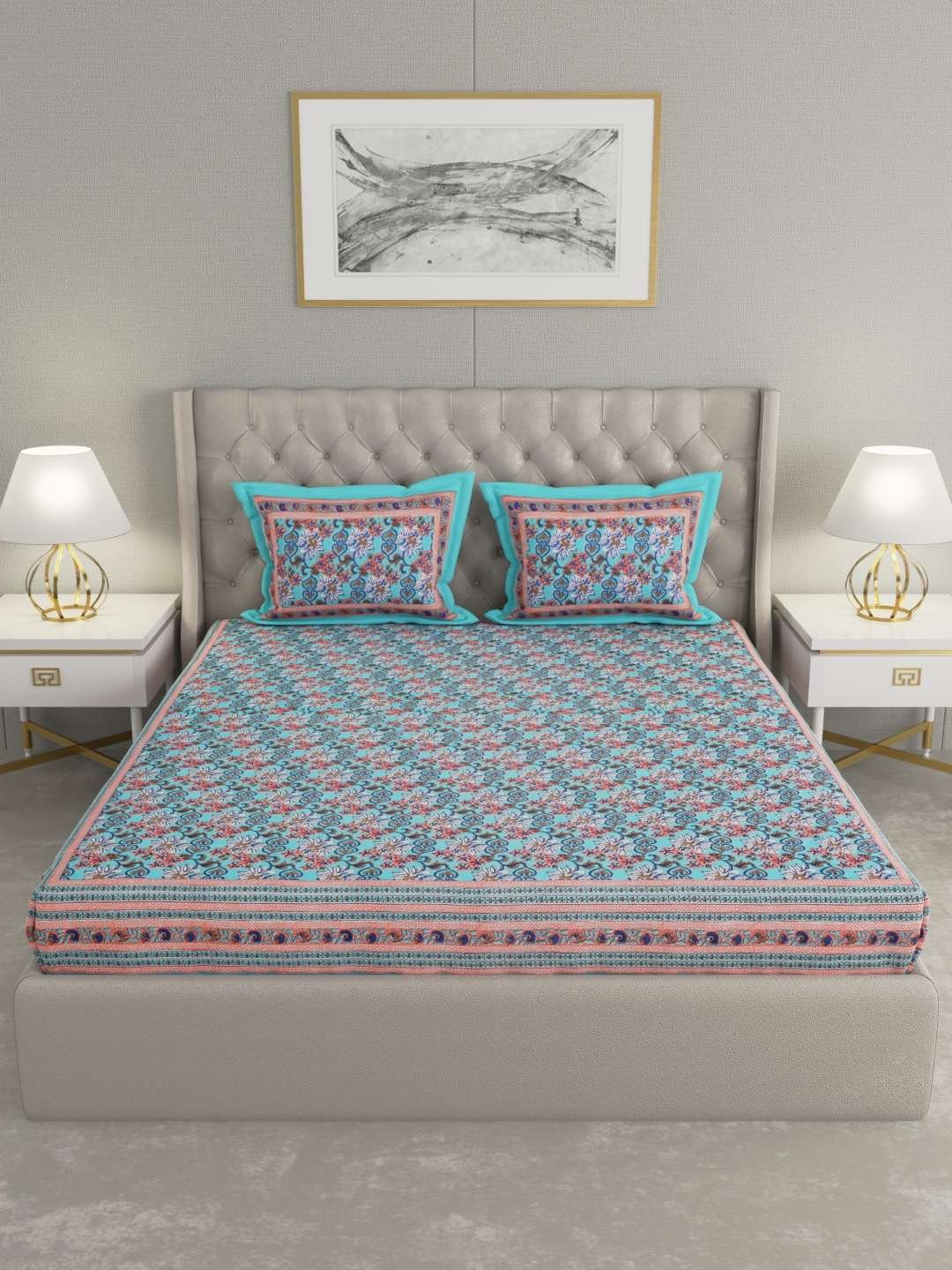 100% Pure Cotton Traditional Printed Bedsheet for Double Bed King Size Bedsheet with 2 Pillow Covers
