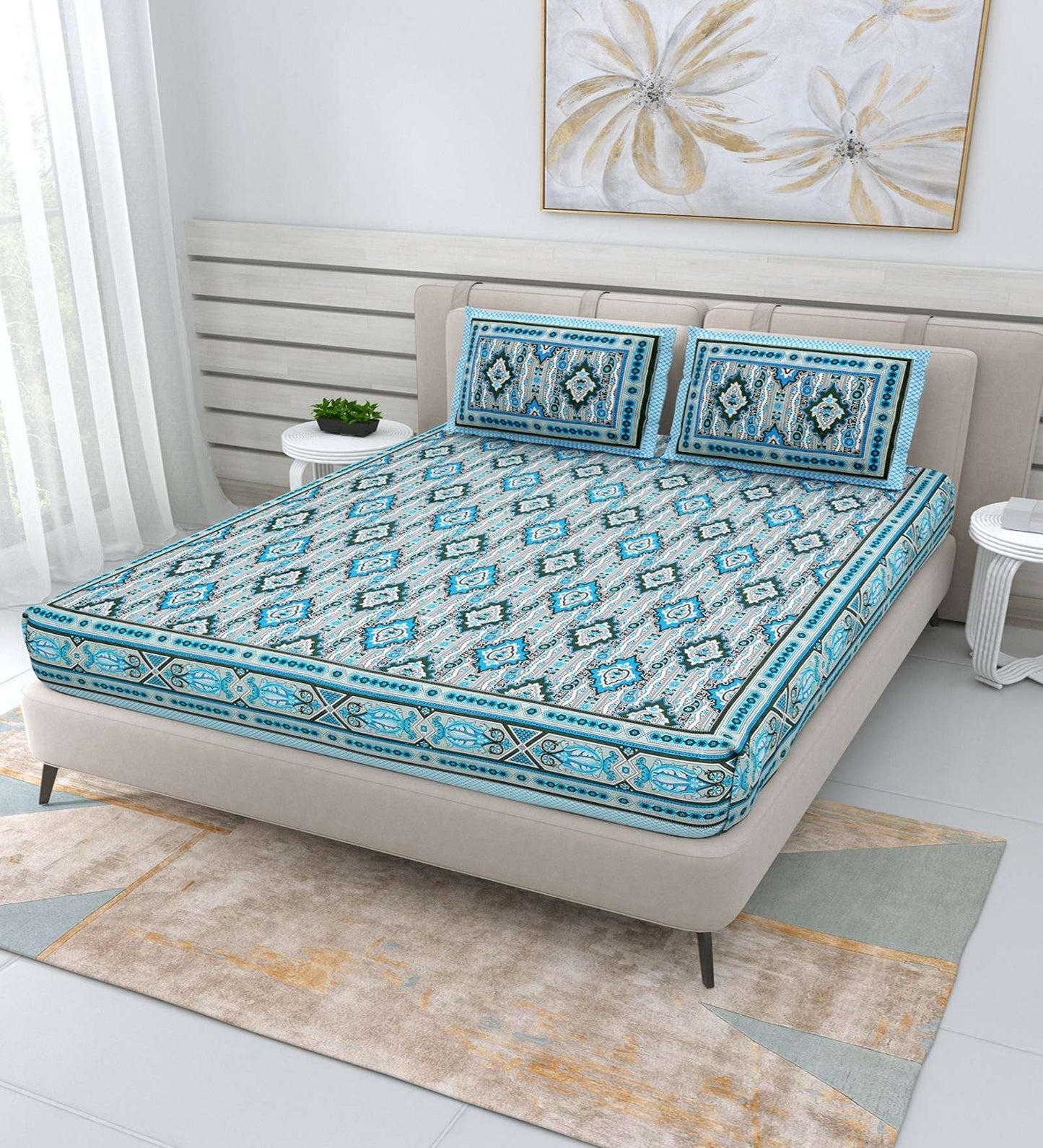 100% Pure Cotton Traditional Printed Bedsheet for Double Bed King Size Bedsheet with 2 Pillow Covers