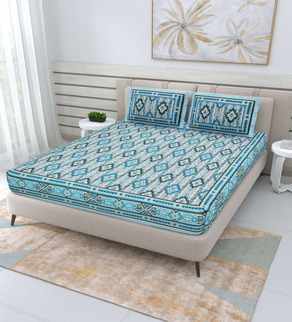 100% Pure Cotton Traditional Printed Bedsheet for Double Bed King Size Bedsheet with 2 Pillow Covers