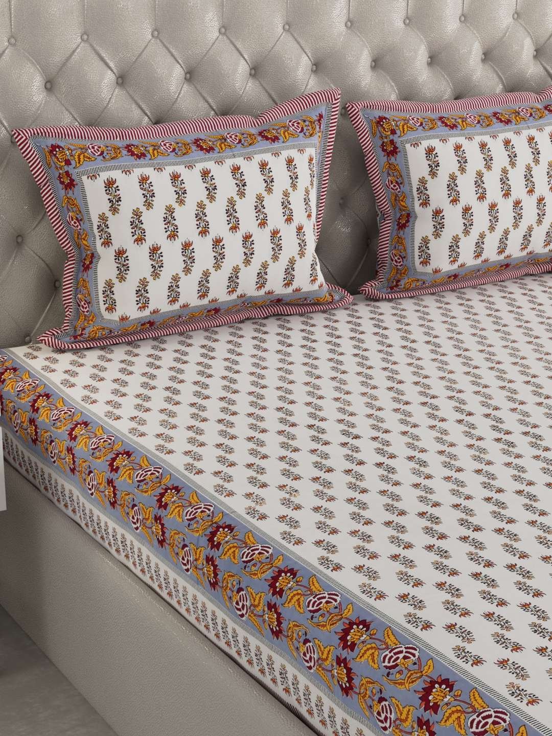 100% Pure Cotton Traditional Printed Bedsheet for Double Bed King Size Bedsheet with 2 Pillow Covers