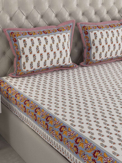 100% Pure Cotton Traditional Printed Bedsheet for Double Bed King Size Bedsheet with 2 Pillow Covers