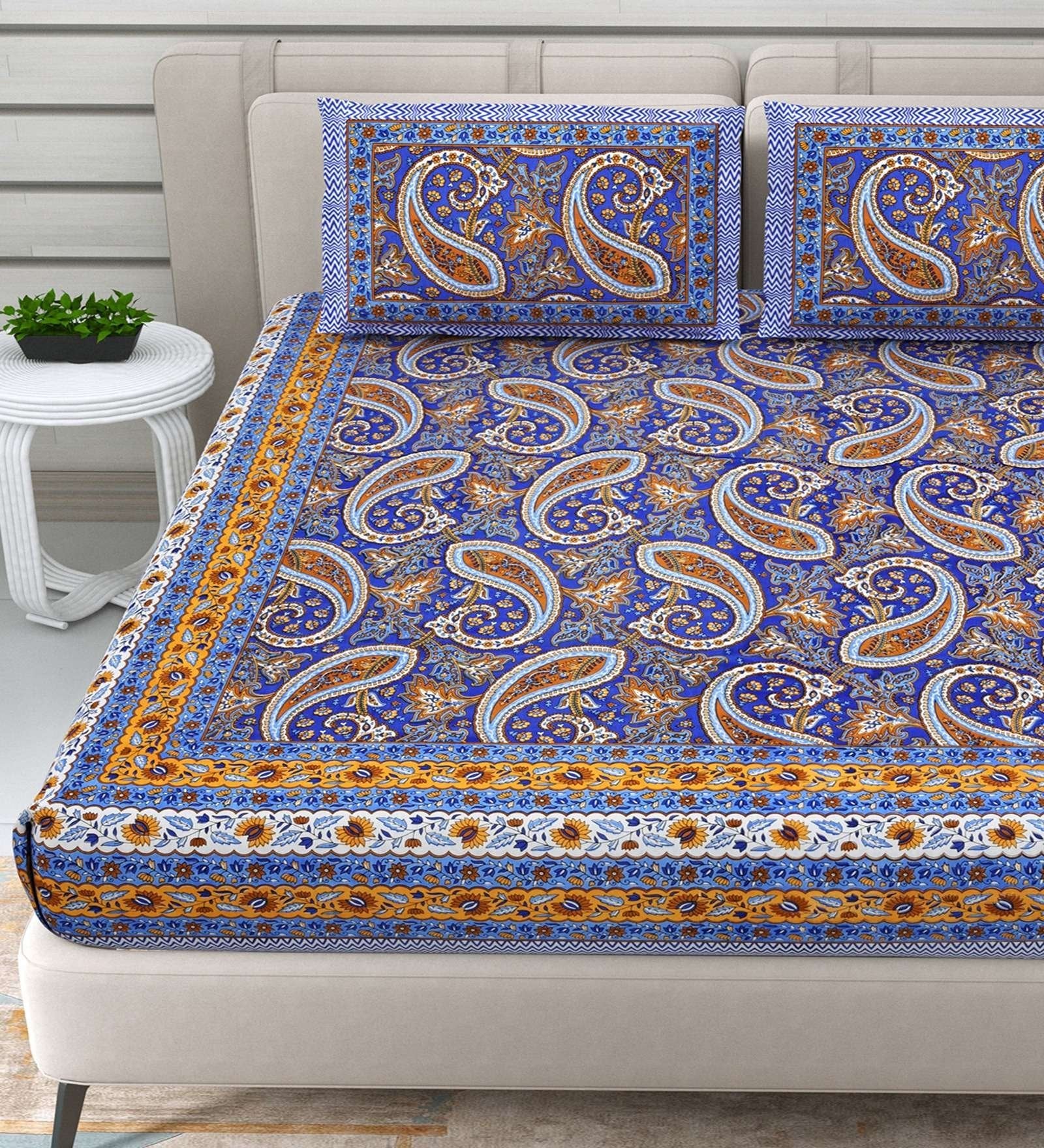 100% Pure Cotton Traditional Printed Bedsheet for Double Bed King Size Bedsheet with 2 Pillow Covers