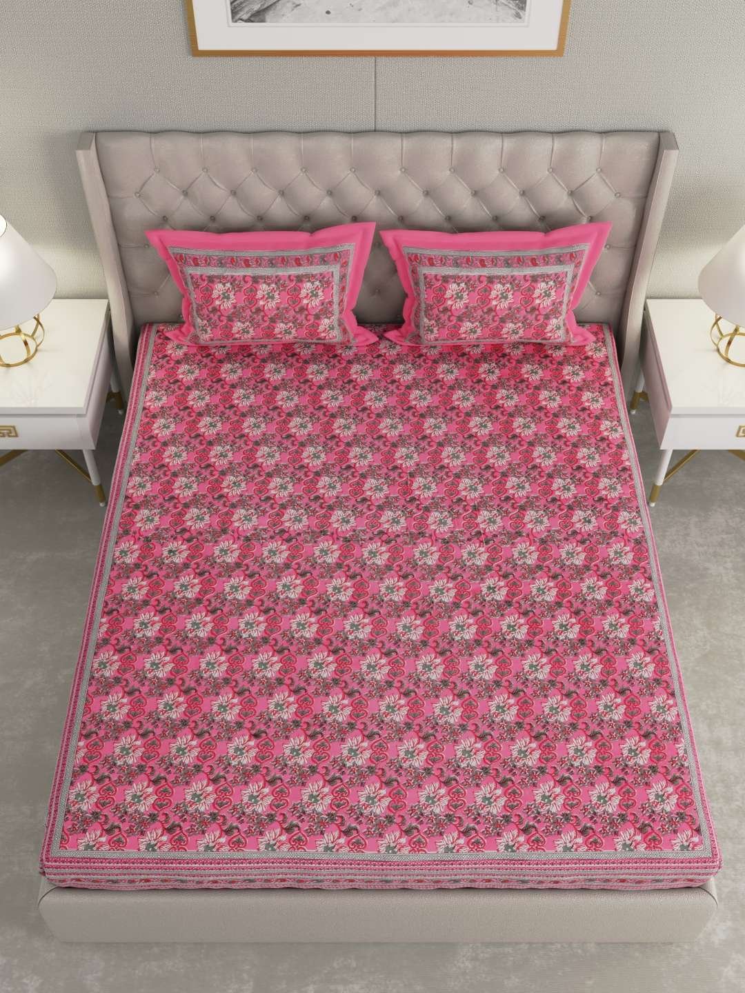 100% Pure Cotton Traditional Printed Bedsheet for Double Bed King Size Bedsheet with 2 Pillow Covers