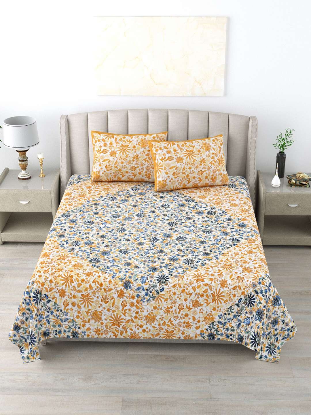 100% Pure Cotton Traditional Printed Bedsheet for Double Bed King Size Bedsheet with 2 Pillow Covers