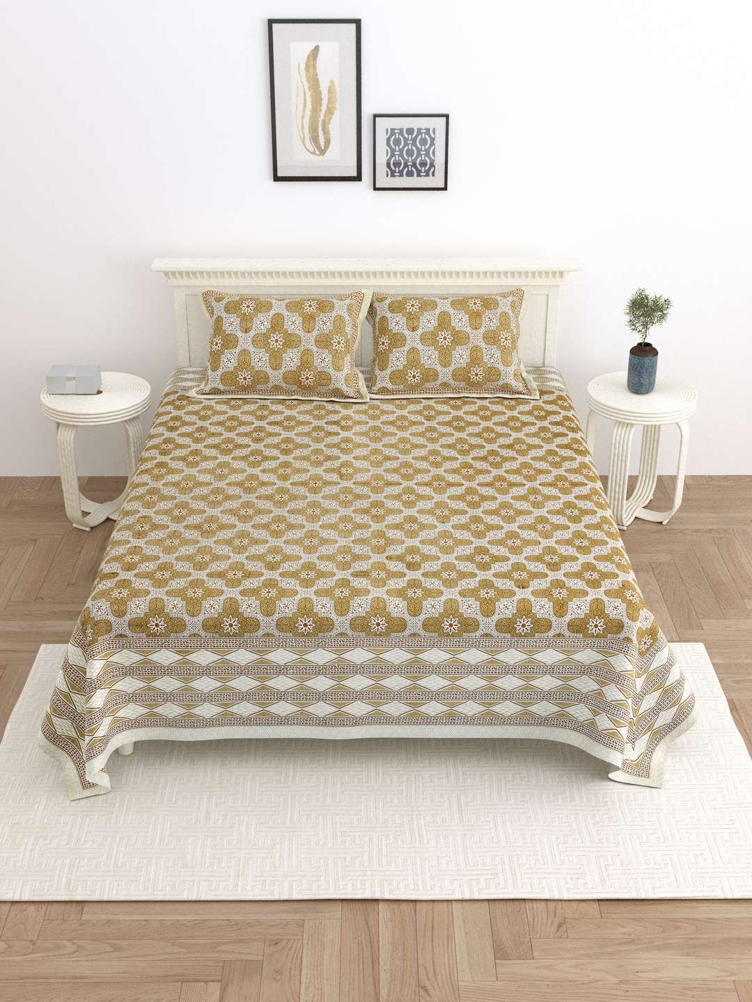 100% Pure Cotton Traditional Printed Bedsheet for Double Bed King Size Bedsheet with 2 Pillow Covers