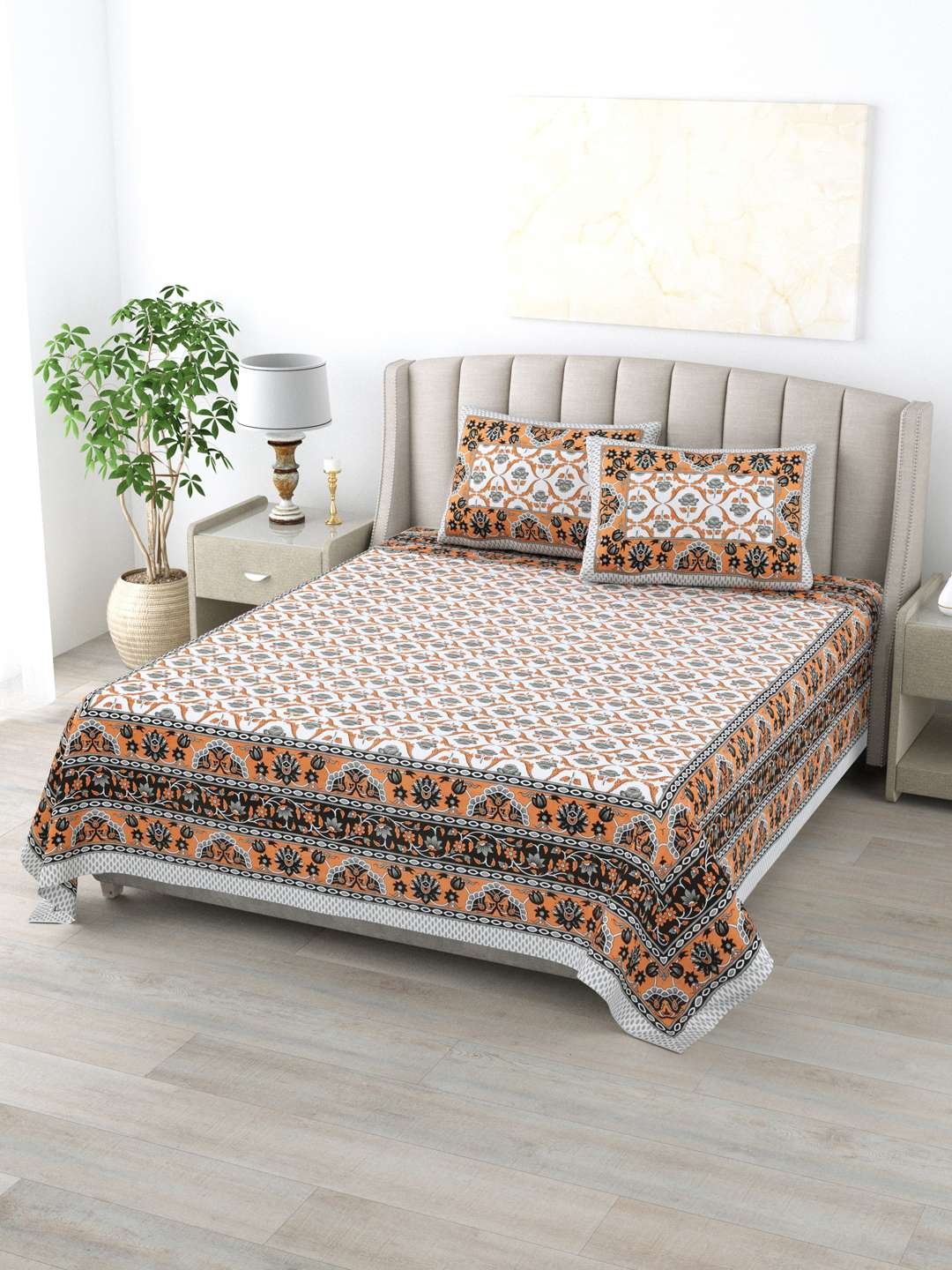 100% Pure Cotton Traditional Printed Bedsheet for Double Bed King Size Bedsheet with 2 Pillow Covers