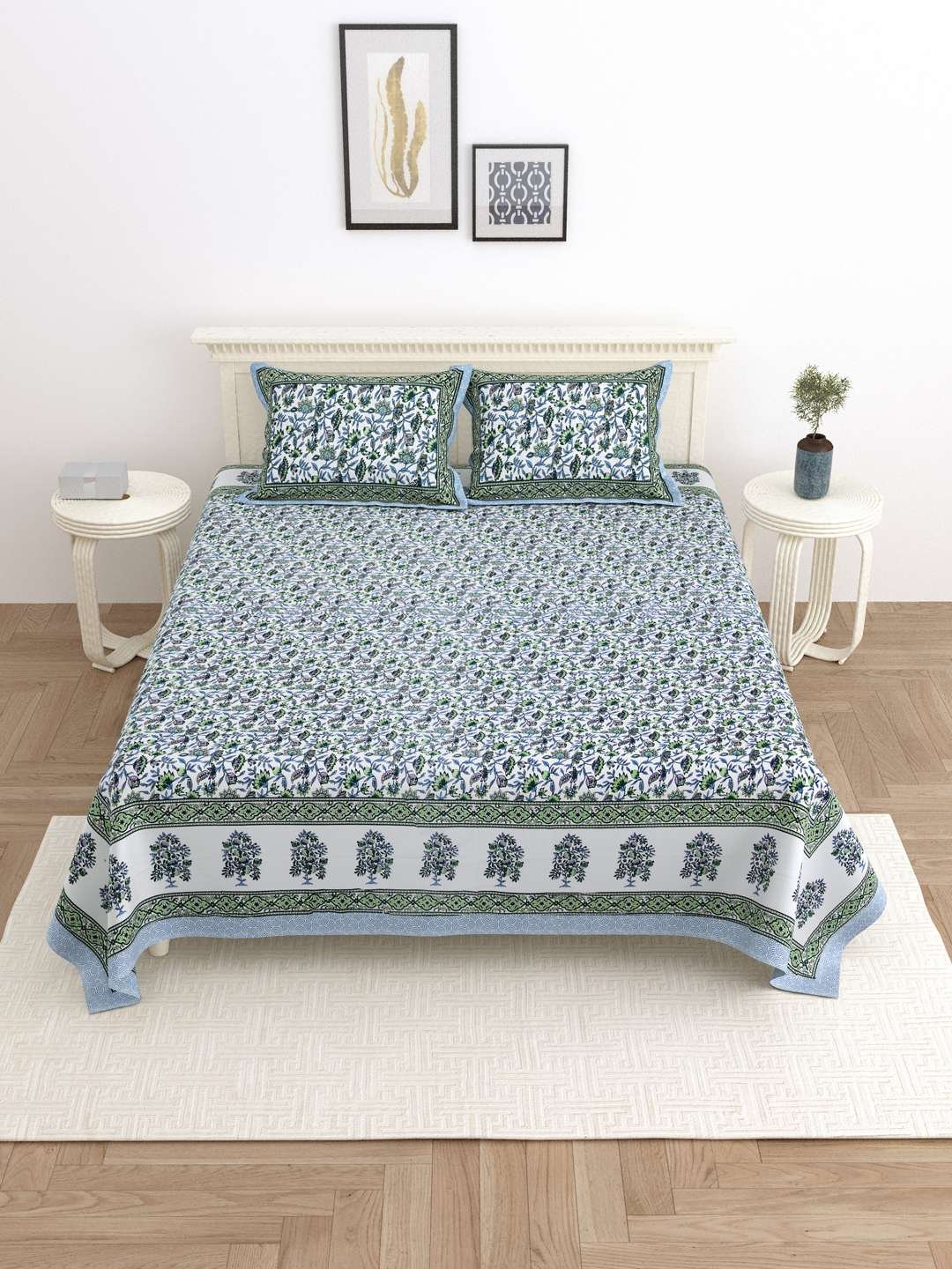 100% Pure Cotton Traditional Printed Bedsheet for Double Bed King Size Bedsheet with 2 Pillow Covers