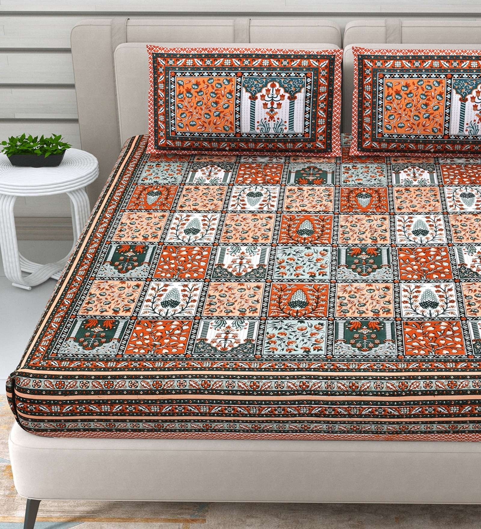 100% Pure Cotton Traditional Printed Bedsheet for Double Bed King Size Bedsheet with 2 Pillow Covers