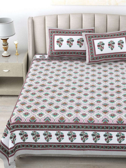 100% Pure Cotton Traditional Printed Bedsheet for Double Bed King Size Bedsheet with 2 Pillow Covers