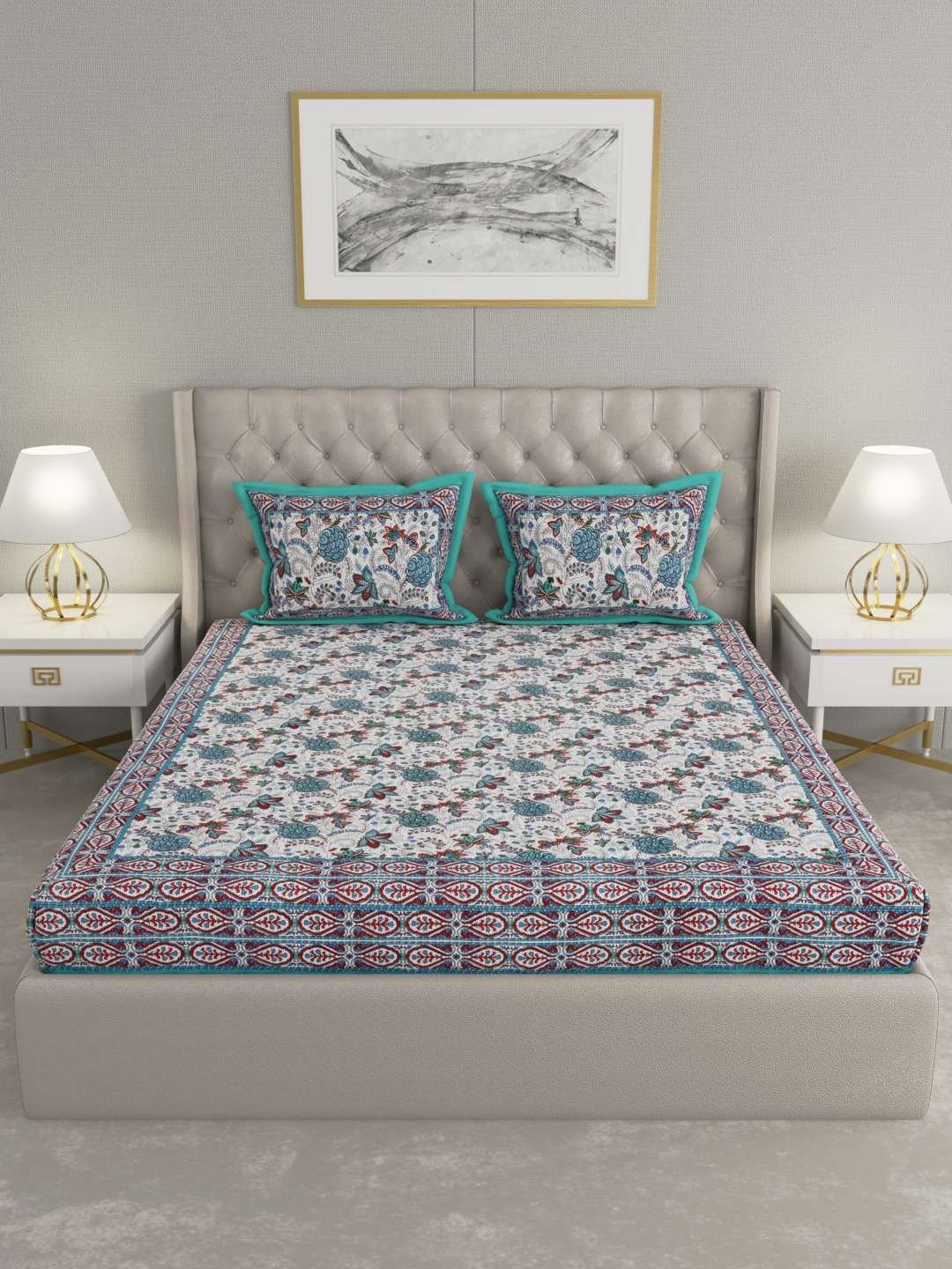 100% Pure Cotton Traditional Printed Bedsheet for Double Bed King Size Bedsheet with 2 Pillow Covers