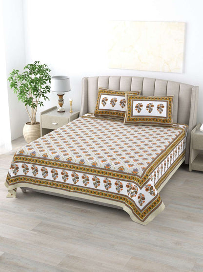 100% Pure Cotton Traditional Printed Bedsheet for Double Bed King Size Bedsheet with 2 Pillow Covers