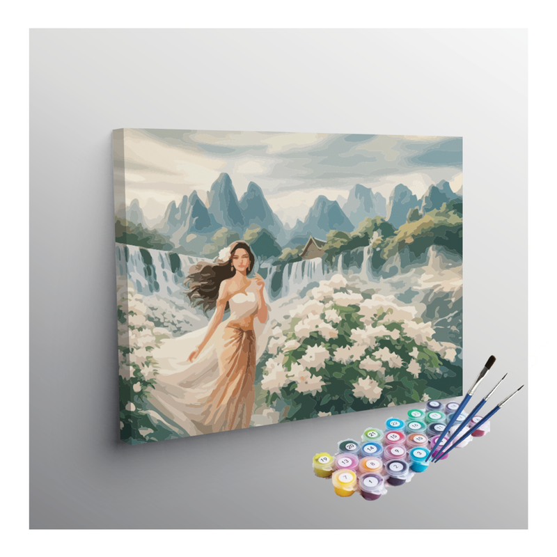 Enchanting Mountain Waterfall with Flower Garden Paint by Numbers Kit