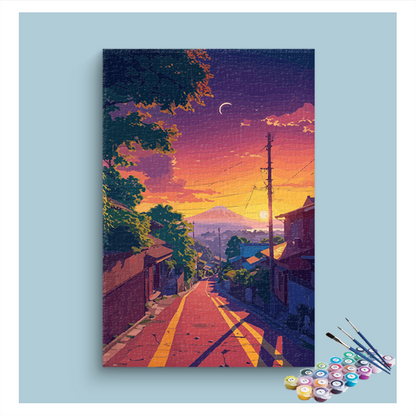 Sunset Over Serene Village Path Paint by Numbers Kit