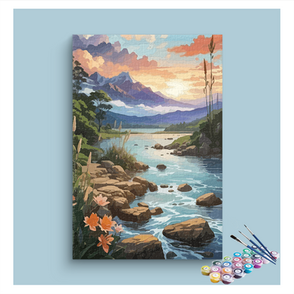 Mountain Stream at Sunset Paint by Numbers Kit
