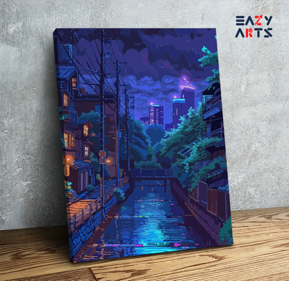 Nighttime City Canal with Neon Reflections Paint by Numbers Kit