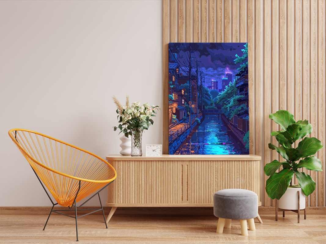 Nighttime City Canal with Neon Reflections Paint by Numbers Kit