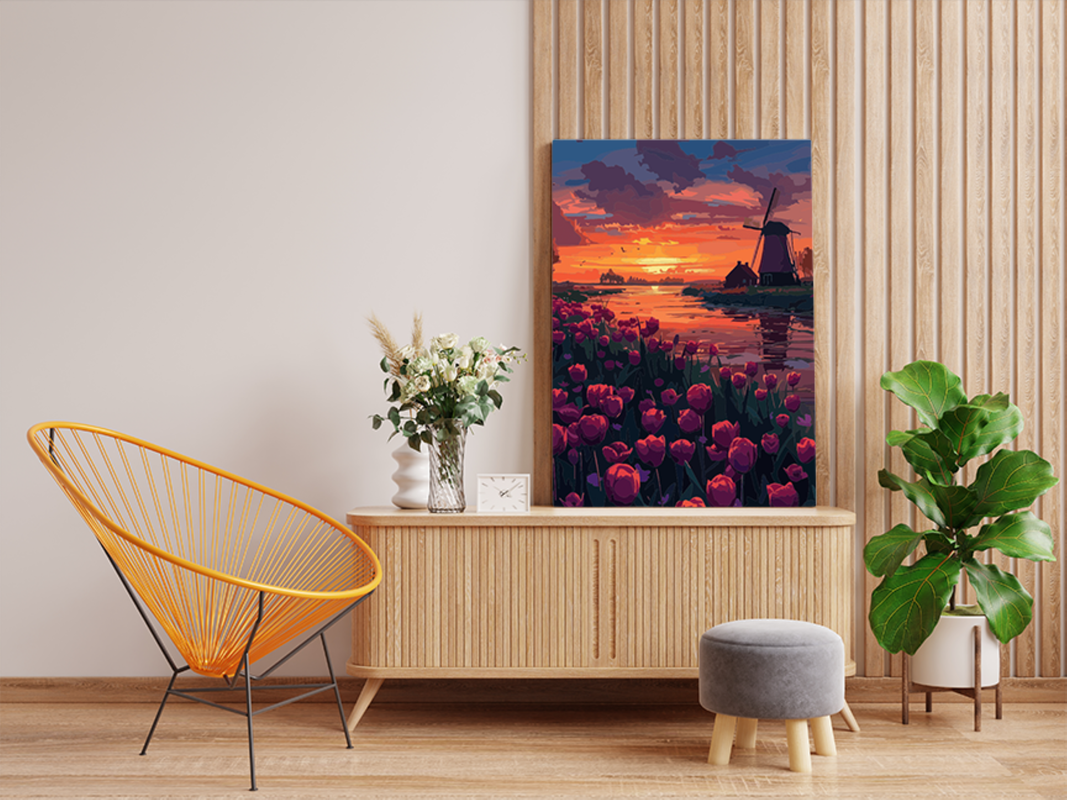 Sunset Over Tulip Fields and Windmill Paint by Numbers Kit