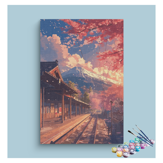 Autumn Train Station with Mountain View Paint by Numbers Kit