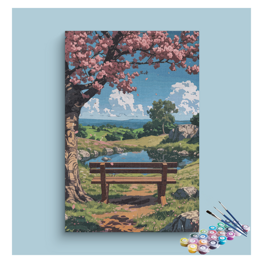 Cherry Blossom Bench View Paint by Numbers Kit
