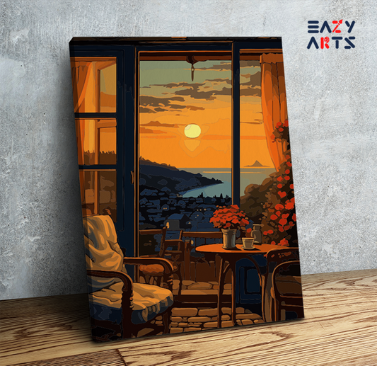 Golden Sunset View: Balcony and Horizon Paint by Numbers Kit