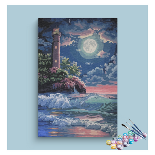 Majestic Lighthouse Under Moonlit Waves Paint by Numbers Kit