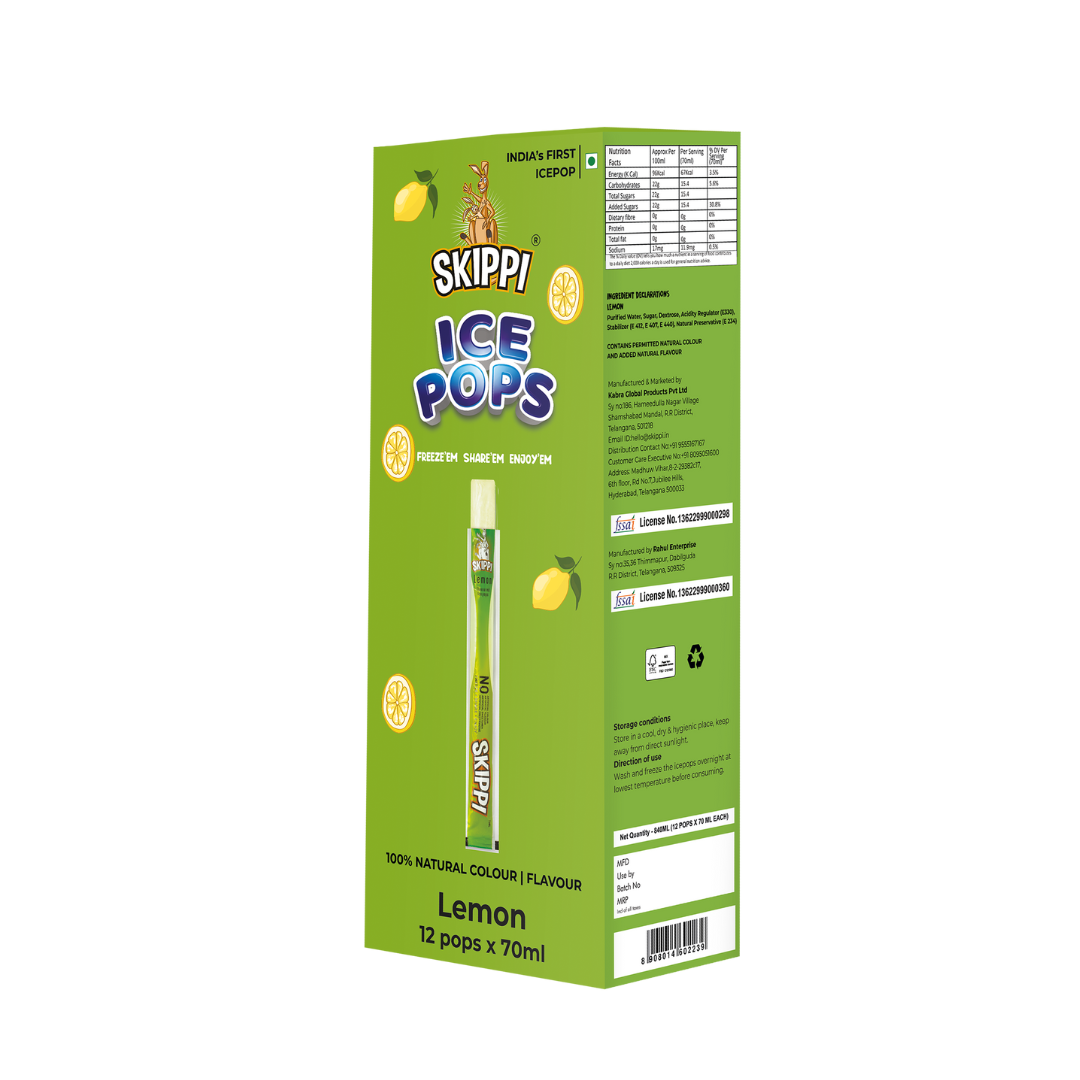 Lemon Flavor Skippi Natural Ice Pop, Pack Of 12 Ice Pops
