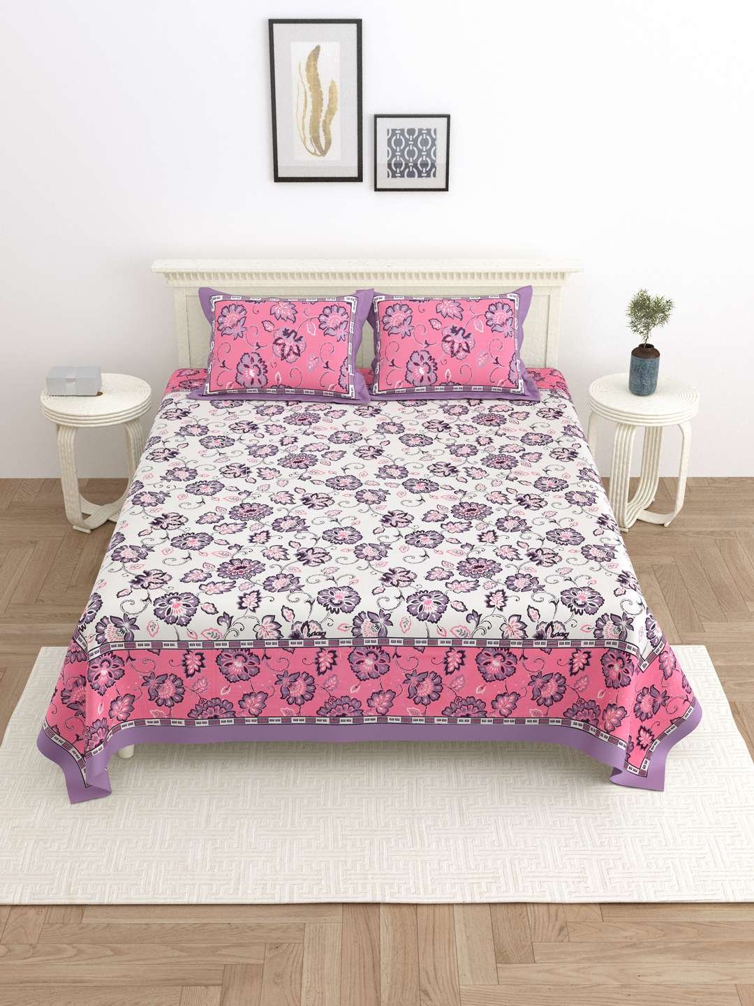 100% Pure Cotton Traditional Printed Bedsheet for Double Bed King Size Bedsheet with 2 Pillow Covers