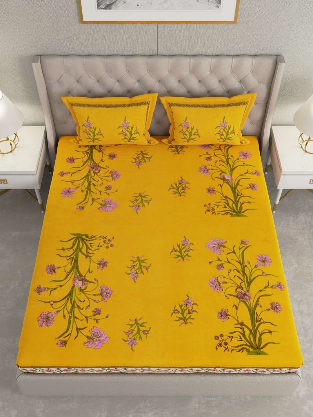 100% Pure Cotton Traditional Printed Bedsheet for Double Bed King Size Bedsheet with 2 Pillow Covers