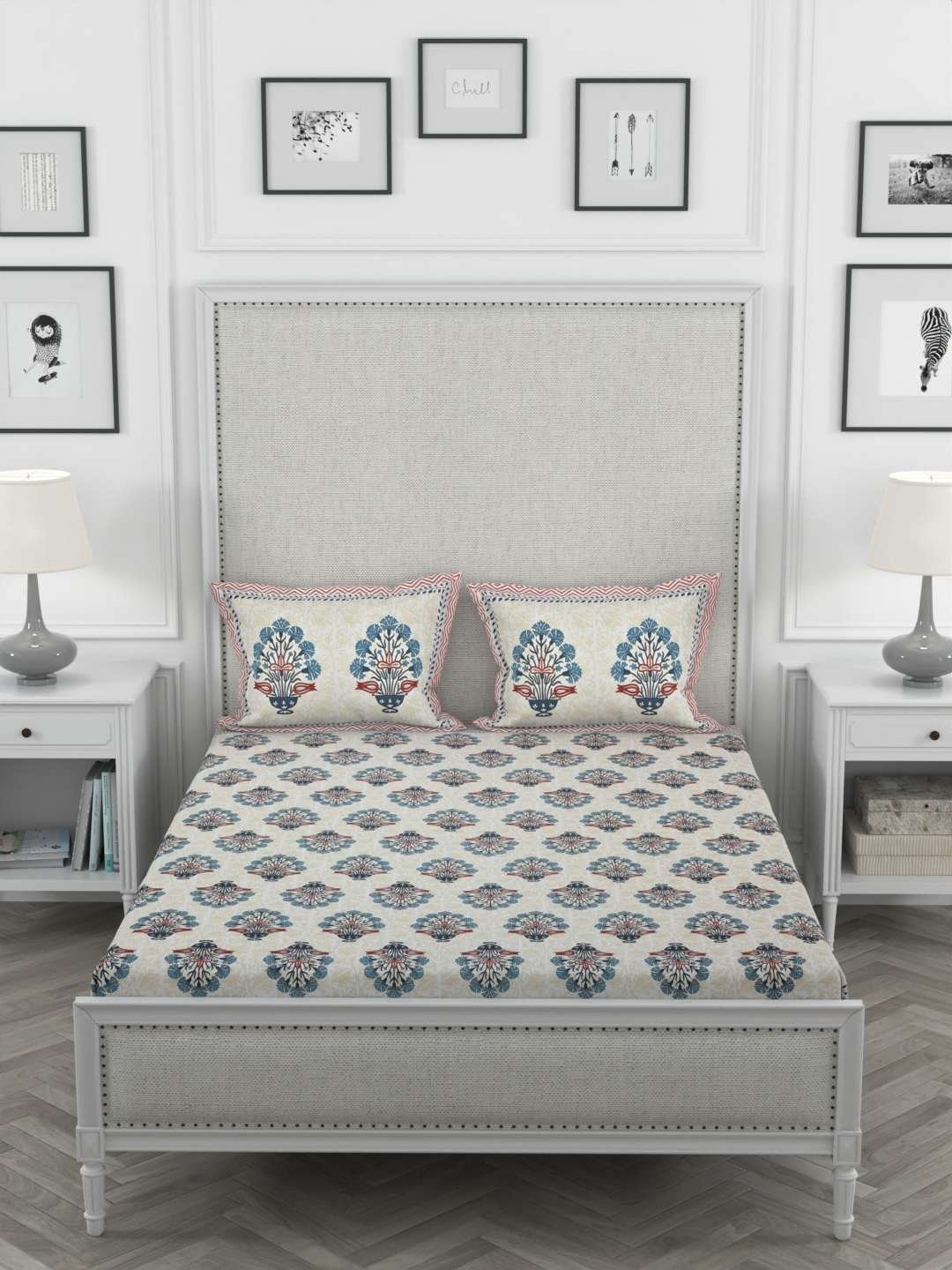 100% Pure Cotton Traditional Printed Bedsheet for Double Bed King Size Bedsheet with 2 Pillow Covers